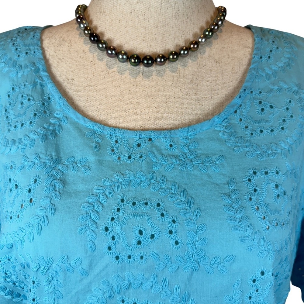 NWT Calypso Blue Eyelet Embroidered Blouse Women's PXL Puff Sleeve Cotton Spring - Picture 3 of 7